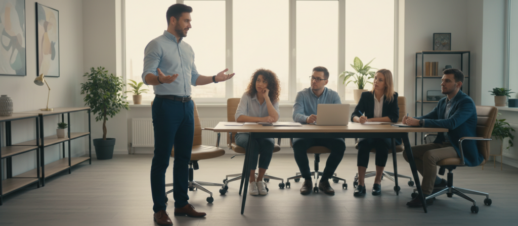 A Gemini man engaged in a lively discussion in a modern, stylish office setting. In the foreground, he stands animatedly, expressing his thoughts with an open posture, dressed in a smart casual outfit featuring a button-up shirt and tailored pants. His expressive face reflects an array of emotions, from contemplation to passion. In the middle ground, a diverse group of colleagues listens intently, showcasing varied reactions—some intrigued, others skeptical. In the background, large windows let in soft, diffuse natural light, illuminating the space and creating a warm atmosphere. The scene captures the dynamic and charismatic communication style typical of Gemini, conveying a sense of liveliness and intellectual engagement. The photo is shot with a slight angle to emphasize the depth of interaction, creating a sense of movement in the discussion. A Gemini man engaged in a lively discussion in a modern, stylish office setting. In the foreground, he stands animatedly, expressing his thoughts with an open posture, dressed in a smart casual outfit featuring a button-up shirt and tailored pants. His expressive face reflects an array of emotions, from contemplation to passion. In the middle ground, a diverse group of colleagues listens intently, showcasing varied reactions—some intrigued, others skeptical. In the background, large windows let in soft, diffuse natural light, illuminating the space and creating a warm atmosphere. The scene captures the dynamic and charismatic communication style typical of Gemini, conveying a sense of liveliness and intellectual engagement. The photo is shot with a slight angle to emphasize the depth of interaction, creating a sense of movement in the discussion.