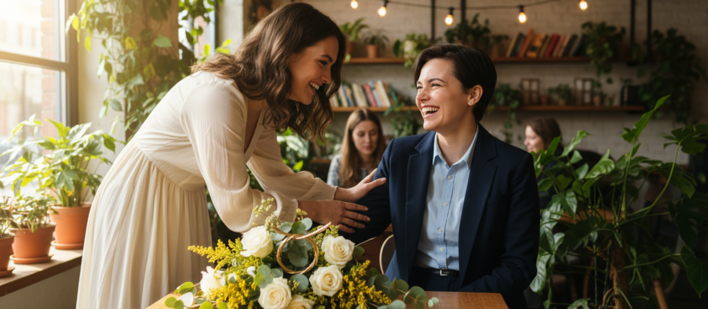A Taurus friend showcasing loyalty and warmth, seated in a cozy, sunlit café surrounded by plants. In the foreground, a Taurus symbol subtly integrated into a beautiful floral arrangement on the table. In the middle, two friends, one wearing a simple, elegant outfit, and the other in smart casual attire, engaged in a heartfelt conversation, sharing laughter and smiles, embodying trust and support. The background features a softly blurred view of the café’s interior, with warm lighting creating an inviting atmosphere. The scene should convey a sense of comfort and companionship, capturing the strong, dependable traits of a Taurus friend. Use a slightly elevated angle to emphasize the connection between the friends, with natural sunlight filtering through the window, enhancing the mood. A Taurus friend showcasing loyalty and warmth, seated in a cozy, sunlit café surrounded by plants. In the foreground, a Taurus symbol subtly integrated into a beautiful floral arrangement on the table. In the middle, two friends, one wearing a simple, elegant outfit, and the other in smart casual attire, engaged in a heartfelt conversation, sharing laughter and smiles, embodying trust and support. The background features a softly blurred view of the café’s interior, with warm lighting creating an inviting atmosphere. The scene should convey a sense of comfort and companionship, capturing the strong, dependable traits of a Taurus friend. Use a slightly elevated angle to emphasize the connection between the friends, with natural sunlight filtering through the window, enhancing the mood.