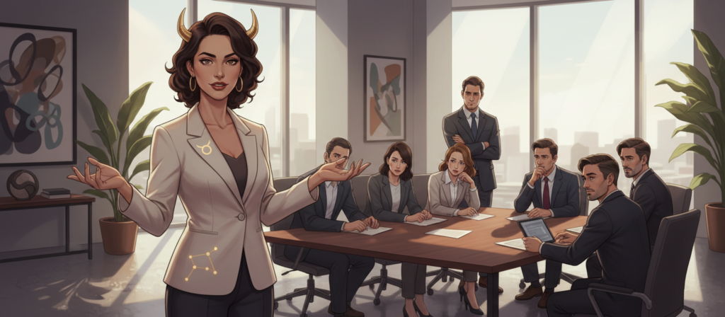 A Taurus-themed illustration depicting subtle manipulation signals in a sophisticated office setting. In the foreground, an elegant woman in professional attire, embodying the Taurus persona, subtly gestures with her hands, suggesting persuasion. In the middle ground, a focused group of colleagues appears engaged in discussion, displaying mixed reactions—some intrigued, others skeptical, showcasing the emotional impact of manipulation. The background features a modern office with soft natural lighting filtering through large windows, casting gentle shadows. The overall mood conveys tension mixed with intrigue, illustrated through contrasting colors of warm earth tones and cooler shades. The angle is slightly elevated, capturing the dynamics of power and influence in a professional context. A Taurus-themed illustration depicting subtle manipulation signals in a sophisticated office setting. In the foreground, an elegant woman in professional attire, embodying the Taurus persona, subtly gestures with her hands, suggesting persuasion. In the middle ground, a focused group of colleagues appears engaged in discussion, displaying mixed reactions—some intrigued, others skeptical, showcasing the emotional impact of manipulation. The background features a modern office with soft natural lighting filtering through large windows, casting gentle shadows. The overall mood conveys tension mixed with intrigue, illustrated through contrasting colors of warm earth tones and cooler shades. The angle is slightly elevated, capturing the dynamics of power and influence in a professional context.