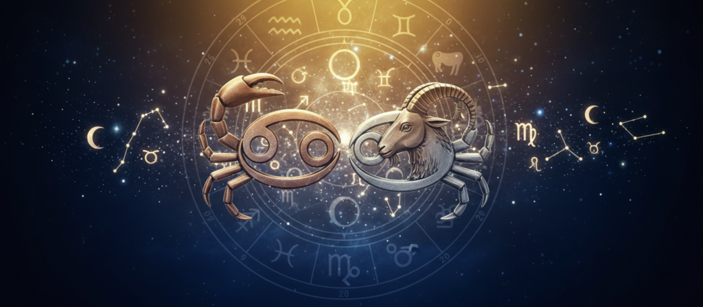 A beautifully illustrated astrological chart featuring the twelve zodiac signs, intricately detailed with symbols and constellations. In the foreground, a pair of beautifully crafted astrological symbols representing Cancer and its opposite sign, Capricorn, are intertwined, displaying a sense of attraction yet tension. The middle layer showcases celestial elements like stars and planetary graphics softly illuminated, blending into a cosmic backdrop with a deep indigo and gold gradient, evoking a mystical atmosphere. The background features subtle star fields and a faint zodiac wheel, adding depth to the composition. The scene is illuminated by gentle, ethereal light, casting soft shadows that enhance the sense of depth and complexity. The mood is reflective and thought-provoking, inviting viewers to consider the intricate dynamics of astrological compatibility. No text or human elements are present.