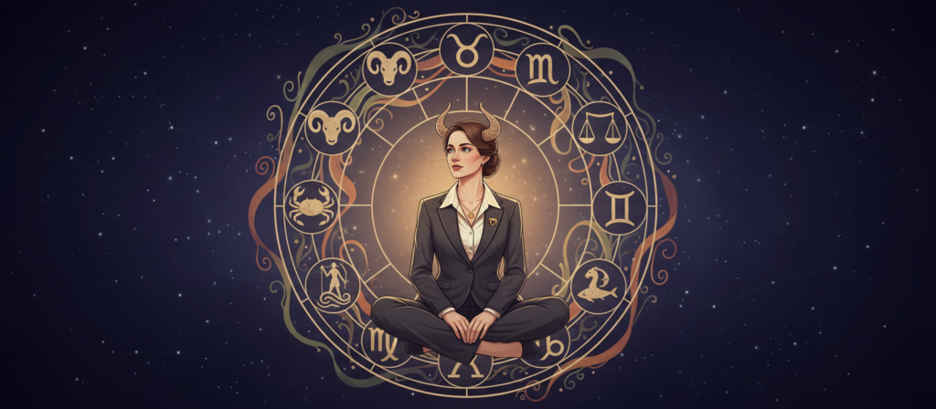 A beautifully illustrated zodiac wheel centered around Taurus, featuring elegant icons or symbols representing each zodiac sign surrounding Taurus. In the foreground, a serene Taurus figure sits calmly, adorned in professional business attire, embodying stability and strength, with a contemplative expression. The middle layer includes artistic renditions of each sign (Aries, Gemini, Cancer, etc.), interconnected with soft, flowing lines symbolizing compatibility, colored in calming earth tones. In the background, a starry night sky casts a gentle, ethereal glow, providing an atmosphere of harmony and connection. The lighting is warm and inviting, enhancing the celestial theme, captured from a slightly elevated angle to provide depth. The overall mood is peaceful and insightful, perfect for reflecting on astrological compatibility.