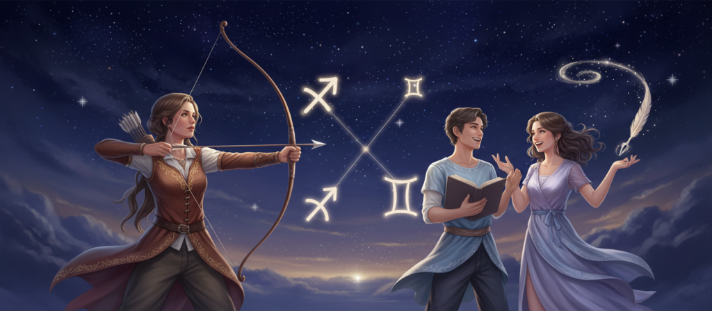 A captivating and harmonious representation of the zodiac signs Sagittarius and Gemini. In the foreground, an artistic depiction of Sagittarius as an archer, focused and poised, dressed in elegant yet casual attire. Beside them, Gemini is illustrated as two distinct yet complementary figures, embodying a lively and intellectual connection. In the middle ground, a constellation pattern softly glows, intertwining the signs, symbolizing their unique mental bond. The background features a dreamy, starry night sky, enhanced by twinkling stars that reflect the themes of connection and compatibility. The lighting is soft and ethereal, casting gentle highlights that evoke a sense of tranquility and understanding. The overall mood is one of harmony and balance, capturing the essence of their relationship as opposites attracting and complementing each other.