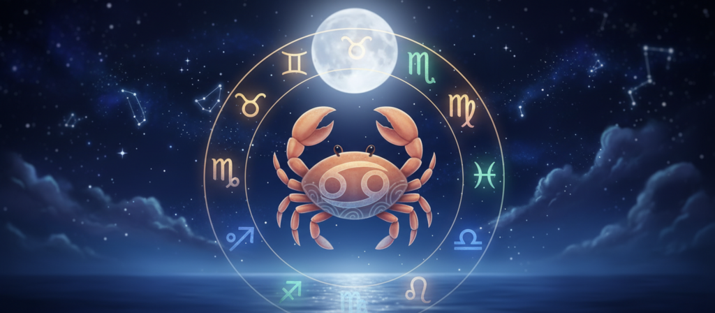 A captivating illustration of zodiac compatibility featuring the sign of Cancer, depicted as a nurturing and protective crab symbol, prominently placed in the foreground. Surrounding Cancer, include artistic representations of the other zodiac signs, with the most compatible signs radiating warm, harmonious colors, symbolizing positive energy and connection. The background should be a mystical night sky filled with stars, creating a serene and enchanting atmosphere. Soft moonlight casts gentle reflections on the water's surface, enhancing the sense of tranquility. Use a soft focus lens to give the image a dreamy quality, inviting viewers into a harmonious world of astrology. The overall mood should be hopeful and positive, celebrating the unique connections among the zodiac signs while embodying the essence of Cancer's warm-hearted nature.