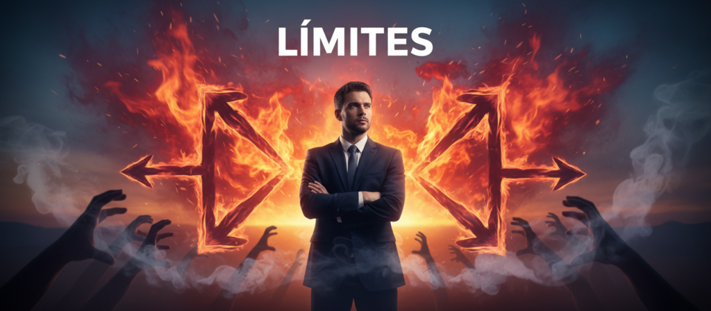 A captivating representation of "límites" for an article section, featuring a bold, fiery background with abstract flames and arrows signifying boundaries. In the foreground, a person in professional attire stands firm, arms crossed, embodying a sense of strength and purpose, gazing confidently into the distance. Their expression conveys determination, contrasting with softer elements like swirling smoke that hint at escape or excess. The middle ground includes shadowy figures that represent distractions, while the background is illuminated by warm, golden hues transitioning into cooler blues, creating a balance of tension and calm. Use dramatic lighting with a slight vignette effect to enhance focus on the subject, creating an atmosphere of introspection and resolve. A captivating representation of "límites" for an article section, featuring a bold, fiery background with abstract flames and arrows signifying boundaries. In the foreground, a person in professional attire stands firm, arms crossed, embodying a sense of strength and purpose, gazing confidently into the distance. Their expression conveys determination, contrasting with softer elements like swirling smoke that hint at escape or excess. The middle ground includes shadowy figures that represent distractions, while the background is illuminated by warm, golden hues transitioning into cooler blues, creating a balance of tension and calm. Use dramatic lighting with a slight vignette effect to enhance focus on the subject, creating an atmosphere of introspection and resolve.