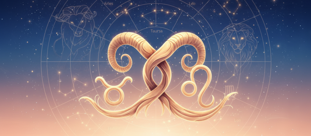 A captivating representation of zodiac compatibility, focused on Aries. In the foreground, elegantly designed astrological symbols for Aries, Taurus, and Leo intertwine like vines, showcasing connection and synergy. The middle layer features a celestial map with softly glowing constellations, emphasizing the harmonious energies of these signs. In the background, a gradient sky transitions from dawn’s soft orange to twilight's deep indigo, infused with shimmering stars reflecting a peaceful mood. The lighting is ethereal, casting a soft glow over the symbols, suggesting hope and unity. The composition should evoke a sense of balance and mutual understanding among the zodiac signs, creating an inviting and mystical atmosphere without any text or distractions.