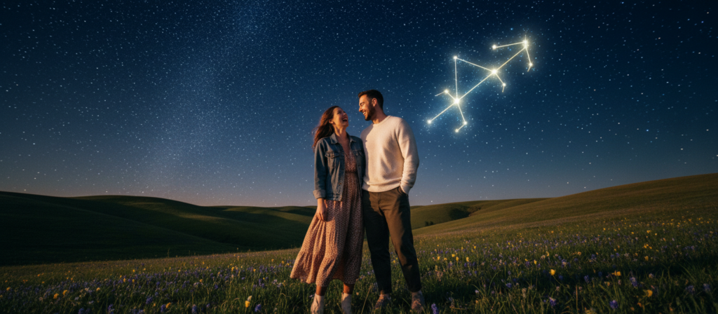 A captivating scene embodying "Sagittarius in love," illustrating the vibrant energy that ignites desire while preserving freedom. In the foreground, a couple dressed in stylish, modest casual attire shares a joyous moment, laughing together under the starlit sky. Their expressions radiate warmth and connection, enhanced by soft, golden lighting to evoke intimacy. In the middle ground, a lush landscape of rolling hills and wildflowers suggests the spirit of adventure and exploration, characteristic of Sagittarius. In the background, a constellation of Sagittarius twinkles vividly, symbolizing the astrological sign and its connection to love. The overall mood is one of joyous freedom and uplifting love, inviting viewers to feel the magnetic energy that brings these two souls together. The composition should be shot from a slight low angle, emphasizing the couple against the expansive night sky. A captivating scene embodying "Sagittarius in love," illustrating the vibrant energy that ignites desire while preserving freedom. In the foreground, a couple dressed in stylish, modest casual attire shares a joyous moment, laughing together under the starlit sky. Their expressions radiate warmth and connection, enhanced by soft, golden lighting to evoke intimacy. In the middle ground, a lush landscape of rolling hills and wildflowers suggests the spirit of adventure and exploration, characteristic of Sagittarius. In the background, a constellation of Sagittarius twinkles vividly, symbolizing the astrological sign and its connection to love. The overall mood is one of joyous freedom and uplifting love, inviting viewers to feel the magnetic energy that brings these two souls together. The composition should be shot from a slight low angle, emphasizing the couple against the expansive night sky.