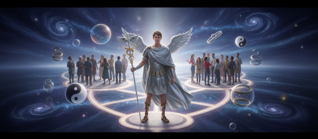 A celestial scene featuring Mercury, the Roman god of communication and decision-making, prominently in the foreground. He stands confidently, adorned in flowing, elegant silver robes that shimmer, symbolizing clarity and intellect. In his right hand, he holds a beautifully crafted caduceus, its wings spread wide, representing the power of choices. The middle ground depicts a diverse group of individuals engaged in thoughtful discussions, surrounded by vibrant symbols of karma like yin-yang and interconnected paths. The background showcases a starry night sky with swirling cosmic clouds, suggesting the vastness of the universe and the ripple effect of decisions. Soft, ethereal lighting bathes the scene, creating a serene yet powerful atmosphere. The camera angle is slightly elevated, giving a panoramic view that emphasizes the importance of choices and their impact on the present and future.