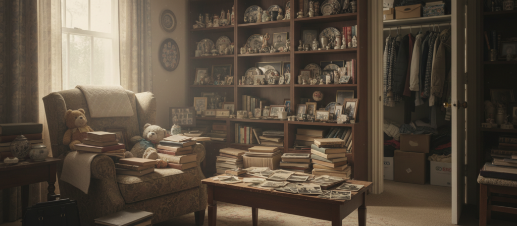 A chaotic living room filled with an overwhelming amount of personal belongings, creating a poignant representation of emotional attachment and disarray. In the foreground, an antique armchair is cluttered with old books, worn toys, and sentimental photos scattered across a coffee table. The middle ground features dusty shelves overflowing with trinkets and family heirlooms, conveying a sense of nostalgia and the passage of time. Faded sunlight filters through a window, illuminating the dust particles in the air and casting soft shadows, adding to the somber yet introspective mood. The background reveals a slightly ajar closet, hinting at unorganized garments and forgotten memories. The atmosphere is heavy with a sense of longing and reflection, emphasizing the concept of home as a mirror of one's past.
