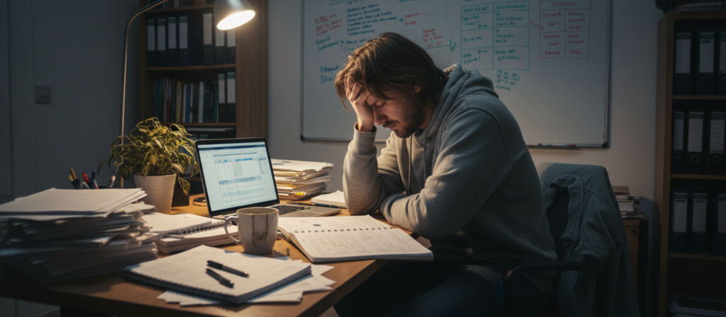 A cluttered office space symbolizes personal and professional chaos. In the foreground, disorganized stacks of paperwork and open notebooks scattered across a desk, alongside a flickering laptop. A half-full coffee cup sits precariously beside a potted plant showing signs of neglect. The middle ground features an overwhelmed individual dressed in modest casual attire, resting their head on their hand in frustration. The background reveals an untidy room with a whiteboard filled with chaotic notes and schedules, and dim overhead lighting creating a gloomy atmosphere. The overall mood conveys stress and disarray, highlighting the burdens of a disorganized life. Soft shadows and a slightly tilted perspective add to the feeling of imbalance and urgency.