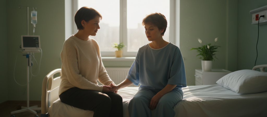 A compassionate scene in a softly lit hospital room. In the foreground, a patient with short hair, wearing a comfortable yet modest hospital gown, sits on a bed, looking contemplative and serene. Their expression reflects strength and vulnerability. Beside them, a supportive friend or family member, dressed in professional casual attire, holds their hand reassuringly. In the middle ground, a bright window allows natural light to stream in, illuminating the room with a warm glow. The background features subtle, soft-colored walls and medical equipment that suggests a caring environment without being intrusive. The overall atmosphere is one of hope and companionship, creating a sense of calm and respect for the patient’s journey.