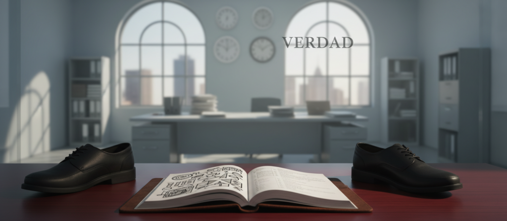 A conceptual representation of "verdad," embodying the theme of challenges faced by Gemini in the workplace. In the foreground, an open notebook lies on a polished wooden desk, filled with chaotic scribbles and some neatly organized notes, symbolizing the struggle between disorder and structure. A pair of professional shoes are slightly askew, indicating a rush or disarray. The middle ground features a softly lit office with scattered papers, partially open file cabinets, and a clock displaying different times, suggesting chaos and the passage of time. In the background, large windows allow gentle daylight to enter, casting soft shadows, enhancing a mood of uncertainty. The scene captures a blend of professionalism and the turmoil of monotony that Gemini may face at work, evoking a sense of introspection and tension.