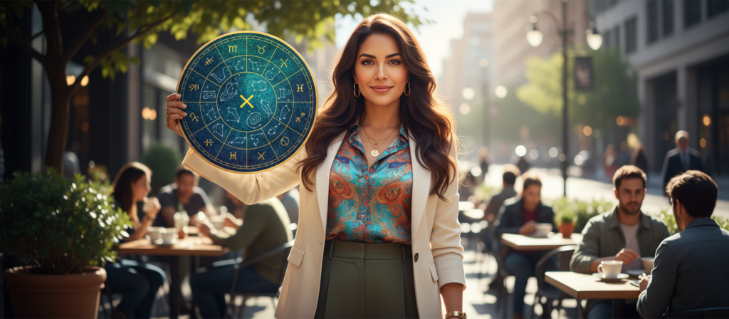 A confident Latina woman in her late 20s with long, flowing dark hair, dressed in a stylish yet professional outfit that showcases her individuality, standing tall with a slight smile. Her vibrant eyes reflect a sense of authenticity and bold character. In the foreground, she holds a colorful astrological chart, hinting at her connection to her Sagittarian identity. The middle ground features a warm, inviting outdoor café scene, complete with soft sunlight filtering through leafy trees, creating playful shadows around her. The background suggests a lively urban setting, softly blurred to keep focus on her. The mood is uplifting and empowering, emphasizing her strength and zero-filter attitude.
