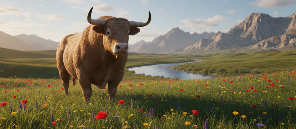 A confident Taurus bull standing majestically in a serene landscape, symbolizing stability and strength. The foreground features lush green fields and vibrant wildflowers, while the middle showcases a calm river reflecting clear blue skies. In the background, distant mountains create a sense of groundedness and patience associated with Taurus. Soft, warm lighting illuminates the scene during the golden hour, casting gentle shadows that convey tranquility. The atmosphere feels serene yet potent, capturing the essence of Taurus' unique characteristics in drama management, such as steadfastness and practicality. The bull’s expression embodies determination and calmness, emphasizing Taurus' approach to life's challenges without exaggeration. The lens captures this scene from a low angle, enhancing the bull's powerful presence against the peaceful surroundings.