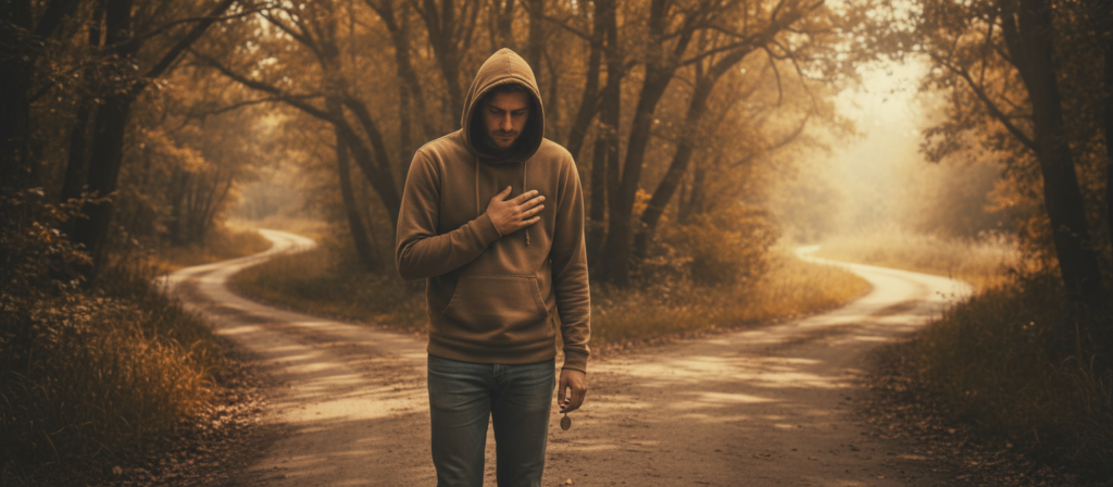 A contemplative figure stands at a crossroads, embodying the essence of regret. In the foreground, a person dressed in modest casual clothing gazes pensively into the distance, their expression reflecting sorrow and reflection. The middle ground features a winding path splitting in two directions, symbolizing choices made and opportunities lost. In the background, soft, hazy sunlight filters through a canopy of trees, casting dappled light that enhances the melancholic atmosphere. The color palette is warm yet subdued, with shades of orange and brown, evoking feelings of nostalgia and sorrow. The scene is framed from a low angle, focusing on the figure while capturing the vastness of the path ahead, expressing a sense of longing for commitment and the pain of missed connections.