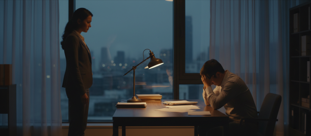 A contemplative scene depicting two people in a modern, softly lit office environment, expressing the emotional complexity of infidelity. In the foreground, a woman in professional business attire, with a pained expression, looks out of a large window, symbolizing introspection and decision-making. In the middle ground, a man sits at a desk, head bowed, surrounded by scattered papers and a dimly lit lamp, illustrating a sense of regret and uncertainty. The background features a blurred cityscape at dusk, creating a somber yet intimate atmosphere. Soft light filters through sheer curtains, enhancing the mood of reflection and potential resolution. The overall tone is one of serious contemplation, inviting the viewer to consider themes of healing and closure.