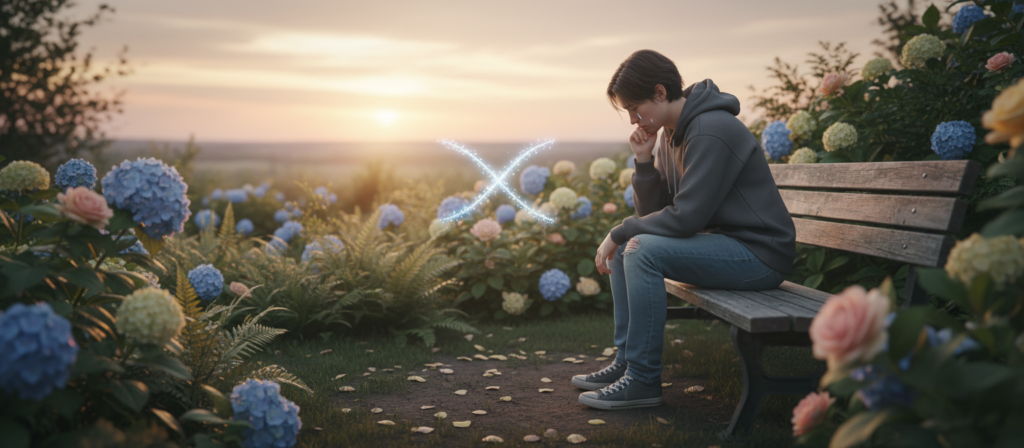 A contemplative scene illustrating the emotional turmoil of a Gemini experiencing the signs of grief after a separation. In the foreground, a person in modest casual clothing, sitting on a park bench, is gazing at the ground, embodying introspection and vulnerability. Their expression conveys a mix of sadness and contemplation. The middle ground features lush greenery and soft, blurred flowers, symbolizing healing and growth. In the background, a serene sunset casts golden hues across the horizon, enhancing the atmosphere of hope amidst sorrow. The lighting is warm and gentle, creating a soothing environment. The composition is captured from a slightly elevated angle, inviting the viewer into this moment of reflection and emotional processing. A contemplative scene illustrating the emotional turmoil of a Gemini experiencing the signs of grief after a separation. In the foreground, a person in modest casual clothing, sitting on a park bench, is gazing at the ground, embodying introspection and vulnerability. Their expression conveys a mix of sadness and contemplation. The middle ground features lush greenery and soft, blurred flowers, symbolizing healing and growth. In the background, a serene sunset casts golden hues across the horizon, enhancing the atmosphere of hope amidst sorrow. The lighting is warm and gentle, creating a soothing environment. The composition is captured from a slightly elevated angle, inviting the viewer into this moment of reflection and emotional processing.
