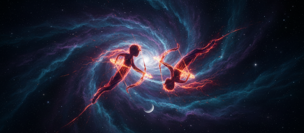 A cosmic scene depicting a vibrant interplay of energies representing "intensidad". In the foreground, two abstract forms symbolizing Sagittarius, entwined in a dynamic dance, radiate fiery colors like deep reds and electric oranges, suggesting both attraction and potential destruction. In the middle ground, a swirling nebula of stars and cosmic dust in shades of purple and blue adds depth, hinting at astrological influences. The background features a starry night sky with a crescent moon, casting a soft, mystical glow over the entire scene. The lighting is dramatic, highlighting contrasts between warmth and coolness, creating an atmosphere of tension and passion. Use a wide-angle perspective to enhance the sense of movement and emotional intensity, invoking a sense of urgency and profound connection.