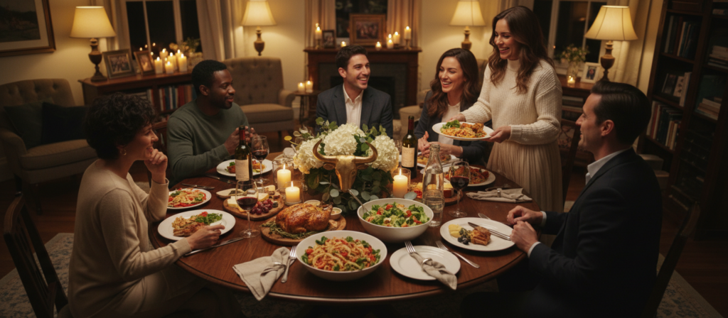 A cozy indoor setting that showcases a Taurus host's warm and inviting role during a gathering. In the foreground, depict a round wooden table set elegantly with a variety of delicious food and drink, suggesting a thoughtful preparation. Surrounding the table, include a group of diverse individuals dressed in smart casual attire, engaging in lively conversation and laughter, reflecting camaraderie. In the middle ground, display a Taurus symbol subtly integrated into the decor, such as a placemat or centerpiece. The background should feature soft ambient lighting, with warm tones created by lamps and candles, enhancing the welcoming atmosphere. Capture the scene from a slight overhead angle to include both the table and the engaged guests, conveying a sense of togetherness and community. A cozy indoor setting that showcases a Taurus host's warm and inviting role during a gathering. In the foreground, depict a round wooden table set elegantly with a variety of delicious food and drink, suggesting a thoughtful preparation. Surrounding the table, include a group of diverse individuals dressed in smart casual attire, engaging in lively conversation and laughter, reflecting camaraderie. In the middle ground, display a Taurus symbol subtly integrated into the decor, such as a placemat or centerpiece. The background should feature soft ambient lighting, with warm tones created by lamps and candles, enhancing the welcoming atmosphere. Capture the scene from a slight overhead angle to include both the table and the engaged guests, conveying a sense of togetherness and community.