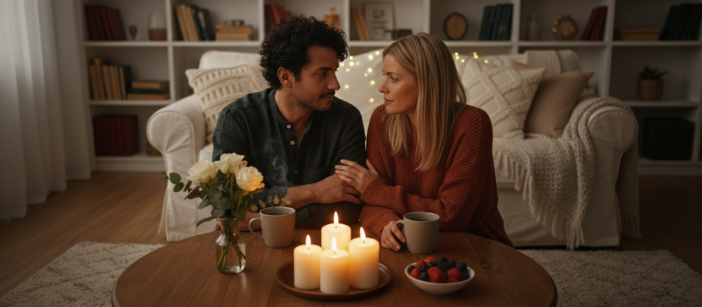 A cozy, intimate setting for two people engaged in deep conversation, surrounded by warm, soft lighting that creates an inviting atmosphere. The foreground features a round wooden table adorned with candles and a small vase of fresh flowers. In the middle, a diverse couple sits close together, dressed in simple but elegant clothing, leaning towards each other with attentive expressions, showcasing genuine engagement. The background has a softly blurred, warm-toned room with bookshelves and soft textiles, suggesting comfort and safety. The lighting is warm and inviting, emphasizing a mood of connection and understanding, highlighting the intimate communication between the couple. The angle is slightly elevated, capturing the warmth of their interaction without distractions or excessive detail.