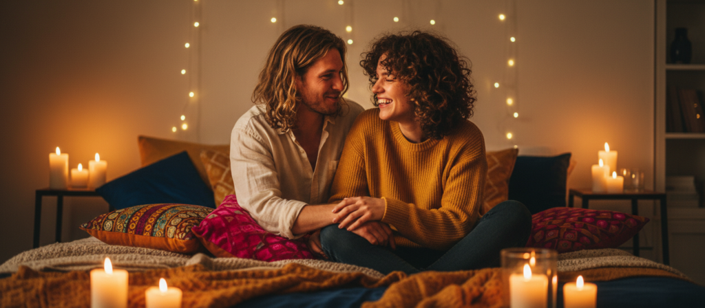 A cozy, intimate setting of a Sagittarius and Leo couple on a soft, plush bed, bathed in warm, golden candlelight. The Sagittarius partner, wearing a simple yet elegant shirt, is playfully leaning in, while the Leo partner, in a casual yet stylish outfit, responds with a bright smile, reflecting a moment of deep connection and joy. The room is adorned with soft fabrics and colorful throw pillows, enhancing a playful and romantic atmosphere. In the background, softly blurred fairy lights twinkle, creating a dreamy ambiance. The angle captures their expressive faces, radiating warmth and chemistry, embodying passion, playful energy, and an intense bond. The overall mood evokes a sense of comfort, love, and companionship.
