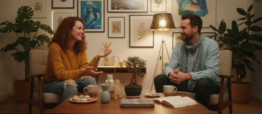 A cozy, intimate setting showcasing the essence of Gemini's love and life. In the foreground, two individuals engaged in playful conversation, dressed in stylish, casual clothing that reflects their vibrant personalities. They sit amidst a beautifully decorated room with soft, ambient lighting casting a warm glow, emphasizing the creativity and variety Gemini seeks. In the middle, a coffee table with artistic decorations and an open book on philosophy, symbolizing Gemini's love for mental stimulation. The background features lush plants and art pieces on the walls, creating an inviting atmosphere. The mood is relaxed and flirtatious, capturing the essence of Gemini's flirtatious nature and open-mindedness. The image should be captured in a soft focus, evoking a sense of warmth and connection.