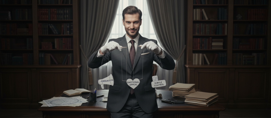 A cunning cancer zodiac sign personified as a mysterious figure standing in an elegant office setting. The foreground features this figure, a man in a sharp, tailored business suit, with a confident yet enigmatic expression. In his hand, he subtly manipulates strings attached to paper puppets that symbolize common tactics such as persuasion, emotional appeal, and subtle control. The middle ground shows a large, polished desk with documents and astrological charts scattered, indicating strategic planning. In the background, a dimly lit room with shelves of books and dark curtains creates an atmosphere of intrigue and secrecy. Soft, focused lighting highlights the man’s face and hands, enhancing the mood of manipulation and strategy. The perspective is slightly low-angle, suggesting power and dominance.