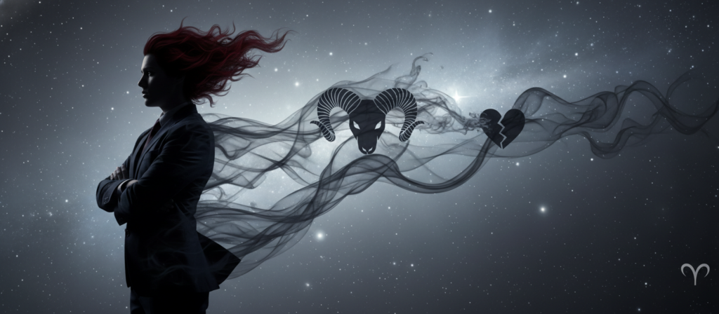 A dark, introspective representation of an Aries figure, embodying the complex and shadowy traits of the zodiac sign. In the foreground, a silhouette of a strong, confident person with fiery red hair, dressed in a modern business suit, stands with crossed arms, exuding determination and intensity. The middle ground features abstract, smoky wisps of shadow forming various symbolic representations of Aries' emotional struggles, such as a ram's head and a broken heart. The background is a dimly lit, cosmic landscape filled with distant stars and swirling galaxies, creating an ethereal and mysterious atmosphere. The lighting is low and moody, casting subtle highlights on the figure’s face, enhancing the depth of their expression. The overall mood reflects inner conflict and the hidden complexities of an Aries personality. A dark, introspective representation of an Aries figure, embodying the complex and shadowy traits of the zodiac sign. In the foreground, a silhouette of a strong, confident person with fiery red hair, dressed in a modern business suit, stands with crossed arms, exuding determination and intensity. The middle ground features abstract, smoky wisps of shadow forming various symbolic representations of Aries' emotional struggles, such as a ram's head and a broken heart. The background is a dimly lit, cosmic landscape filled with distant stars and swirling galaxies, creating an ethereal and mysterious atmosphere. The lighting is low and moody, casting subtle highlights on the figure’s face, enhancing the depth of their expression. The overall mood reflects inner conflict and the hidden complexities of an Aries personality.