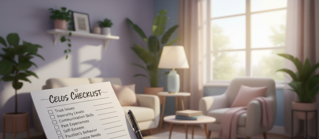 A detailed checklist titled "Celos Checklist" is prominently displayed in the foreground, featuring various emotional indicators related to jealousy and security in romantic relationships. The checklist should have thoughtful checkboxes beside items such as "Trust Issues," "Insecurity Levels," and "Communication Skills." In the middle ground, soft pastel colors evoke a calming atmosphere, using a blurred background of a cozy and inviting sitting area with houseplants and warm lighting. The scene is illuminated by gentle, natural sunlight streaming through a window, enhancing the emotion of self-reflection. The overall mood conveys introspection and clarity, perfect for discussing the complexities of jealousy in relationships.
