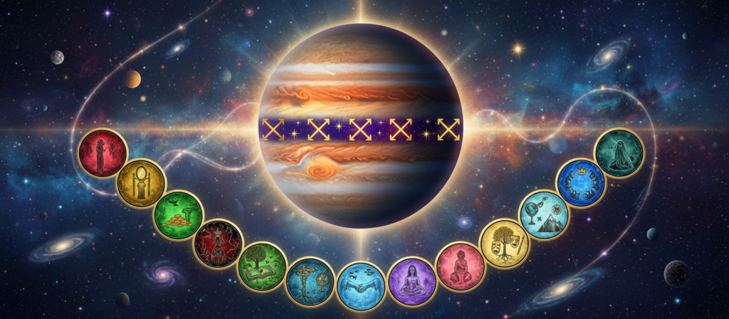 A detailed karmic map of Jupiter interwoven with celestial elements, showcasing vibrant astrological symbols representing Sagittarius. In the foreground, intricate illustrations of the twelve astrological houses, each depicting key themes and energies in spiritually activating colors. The middle layer reveals a dynamic depiction of Jupiter, large and majestic, with swirling clouds around it, radiating spiritual wisdom. The background features a cosmic landscape dotted with stars, galaxies, and lightly glowing celestial pathways that symbolize evolutionary journeys. Soft, ethereal lighting bathes the entire scene, creating an inviting, mystical atmosphere that encourages reflection and exploration of personal growth. The image conveys a sense of expansiveness and enlightenment.
