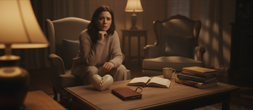 A dimly lit, introspective scene set in a cozy living room featuring a person with a thoughtful expression, wearing modest attire. In the foreground, a gentle light illuminates their face, revealing a mix of concern and determination. The middle of the image showcases a small coffee table cluttered with symbolic items such as a broken heart figurine and a journal, suggesting reflection on toxic relationships. In the background, soft shadows hint at an empty chair, representing loneliness. The atmosphere is moody yet hopeful, with warm tones to evoke a sense of introspection and healing. The angle is slightly tilted, adding a sense of unease while maintaining a professional and safe aesthetic.