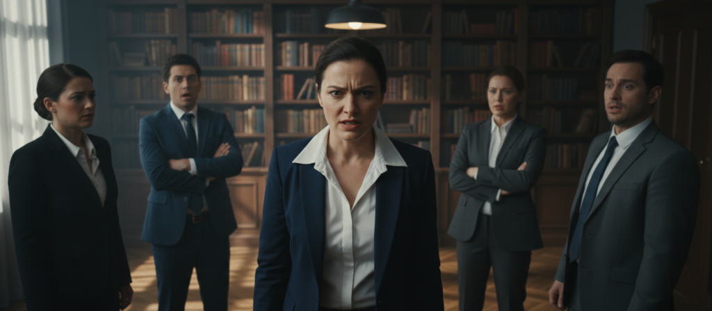 A dimly lit room filled with tension, where a group of diverse individuals wearing professional business attire engage in a heated conversation. The foreground features a central character with an expression of brutal honesty, their face reflecting a mix of intensity and awkwardness. In the middle, the other participants display reactions ranging from surprise to discomfort, emphasizing the lack of tact in communication. The background includes a muted, blurred bookshelf filled with books, enhancing the serious atmosphere. Soft, dramatic lighting highlights the emotional expressions, while shadows create a sense of depth and intrigue. The overall mood is one of tension and discomfort, capturing the darker side of honesty in communication.