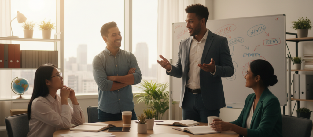 A diverse group of individuals with distinct characteristics associated with Sagittarius, such as adventurousness and enthusiasm, engaged in a lively discussion. In the foreground, a tall, confident person in professional attire gestures animatedly, conveying excitement. In the middle ground, two others listen attentively, one with a thoughtful expression and the other with a cheerful smile, representing variation in perspectives. The background features a warm, inviting office space, with soft natural light filtering through large windows, creating a lively but relaxed atmosphere. The image captures a sense of camaraderie and openness, symbolizing the importance of empathy and understanding while identifying traits in Sagittarius individuals. A diverse group of individuals with distinct characteristics associated with Sagittarius, such as adventurousness and enthusiasm, engaged in a lively discussion. In the foreground, a tall, confident person in professional attire gestures animatedly, conveying excitement. In the middle ground, two others listen attentively, one with a thoughtful expression and the other with a cheerful smile, representing variation in perspectives. The background features a warm, inviting office space, with soft natural light filtering through large windows, creating a lively but relaxed atmosphere. The image captures a sense of camaraderie and openness, symbolizing the importance of empathy and understanding while identifying traits in Sagittarius individuals.