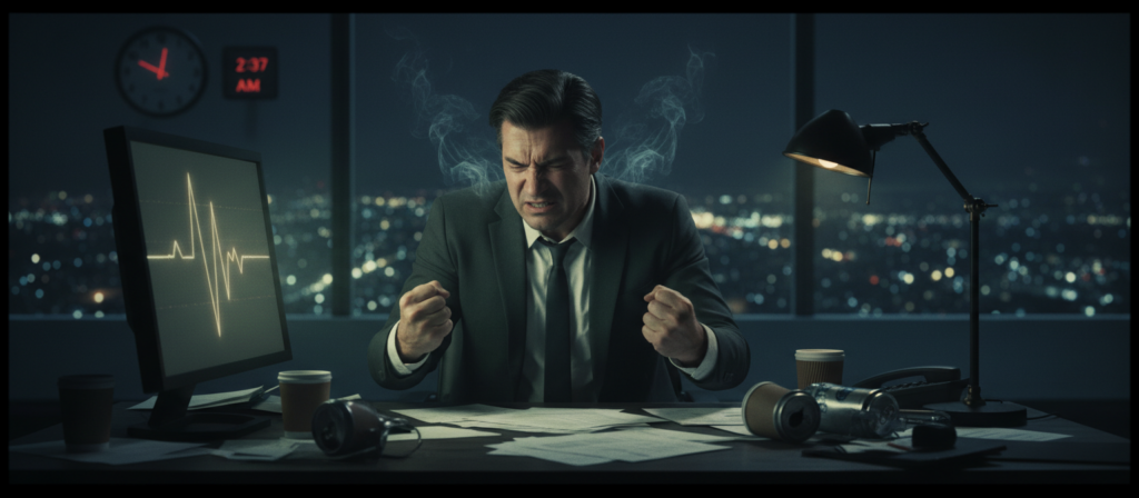 A dramatic illustration capturing the concept of stress in the human body, focusing on a professional-looking individual in business attire, sitting in a dimly lit office environment. In the foreground, convey tension through their furrowed brow and clenched fists. The middle layer features visual metaphors of stress: a chaotic desk with scattered papers, a flickering computer screen, and a clock showing late hours. The background should be a blurry cityscape visible through a window, emphasizing an overwhelming outside world. Soft, moody lighting should create shadows that evoke a heavy atmosphere. The overall color palette should blend dark blues and grays with hints of warm, harsh light to reflect the emotional turmoil linked to stress and its impact on health.