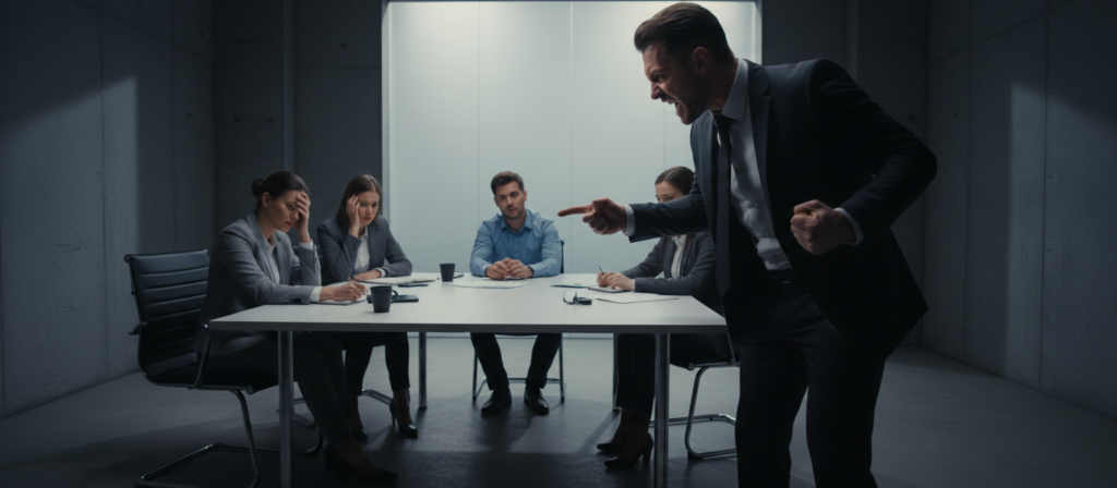 A dramatic scene depicting the darker aspects of Aries during a heated discussion, featuring a strong figure in professional attire, exuding aggression and self-sufficiency. The foreground includes intense facial expressions, clenched fists, and sharp hand gestures to emphasize their assertive nature. In the middle ground, a dimly lit conference room presents tense body language from a small group of people engaged in debate, their faces reflecting unease. The background should feature stark, minimalistic decor that enhances the seriousness of the atmosphere. Use chiaroscuro lighting to cast deep shadows and highlights on the subjects, creating a moody, intense environment that captures the weight of their powerful words and conflict. The camera angle should be slightly low, giving a sense of dominance to the Aries figure.