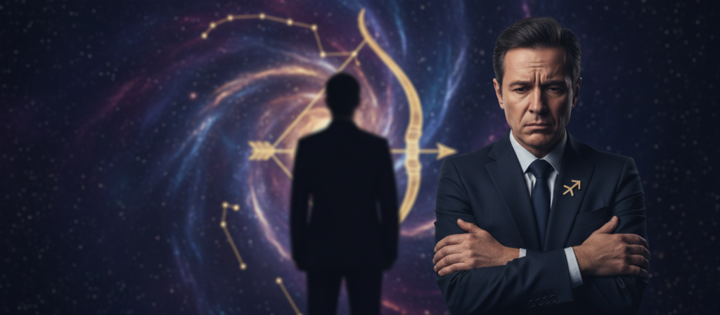 A dramatic scene depicting the reaction of a Sagittarius individual upon experiencing betrayal. In the foreground, a person with features characteristic of a Sagittarius, dressed in professional business attire, with an expression of deep contemplation and hurt. Their body language conveys tension, with crossed arms and a furrowed brow. In the middle background, a shadowy figure symbolizes betrayal, standing apart and blurred to emphasize emotional distance. The background features a subtle representation of a starry night, reflecting the Sagittarius connection to the cosmos, with rich purples and blues. Soft lighting casts a contemplative glow, highlighting the subject’s face, while a shallow depth of field focuses on the individual, creating an intimate yet somber atmosphere. The overall mood should evoke reflection, trust broken, and the search for truth.