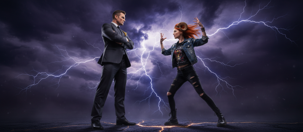 A dramatic scene depicting the struggle between a Taurus and an Aries, representing control and impulsivity. In the foreground, a determined Taurus, depicted as a strong, confident figure wearing professional business attire, stands firmly, arms crossed, exuding a sense of stability. Opposite, an Aries figure, embodying spontaneity and energy, is in a dynamic pose, wearing casual but stylish clothing, with a fierce expression and arms raised as if ready to leap forward. The background features a turbulent, swirling sky, symbolizing the clash of their energies, with dark clouds and flashes of lightning to create an intense atmosphere. The lighting is dramatic, with sharp contrasts highlighting the determination in the Taurus's expression and the vibrant dynamism of the Aries. The angle is slightly low, enhancing the sense of conflict and urgency between the two signs.