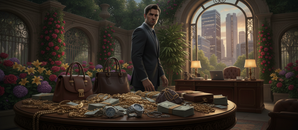A dramatic scene encapsulating materialism and possessiveness in Taurus. In the foreground, a richly adorned table littered with luxurious items—gold jewelry, elegant watches, high-end designer bags, and stacks of cash. A shadowy, contemplative figure dressed in professional attire stands protectively over the possessions, their expression hinting at anxiety and desire for security. The middle ground transitions to a lush, opulent garden filled with vibrant, blooming flowers, symbolizing abundance but also a sense of entrapment. In the background, a dimly lit, atmospheric office environment evokes a mood of ambition and intensity, showcasing a blend of warm and cool lighting. Use a low-angle perspective to emphasize the figure's dominance and the weight of their material desires, creating a tense yet captivating composition.