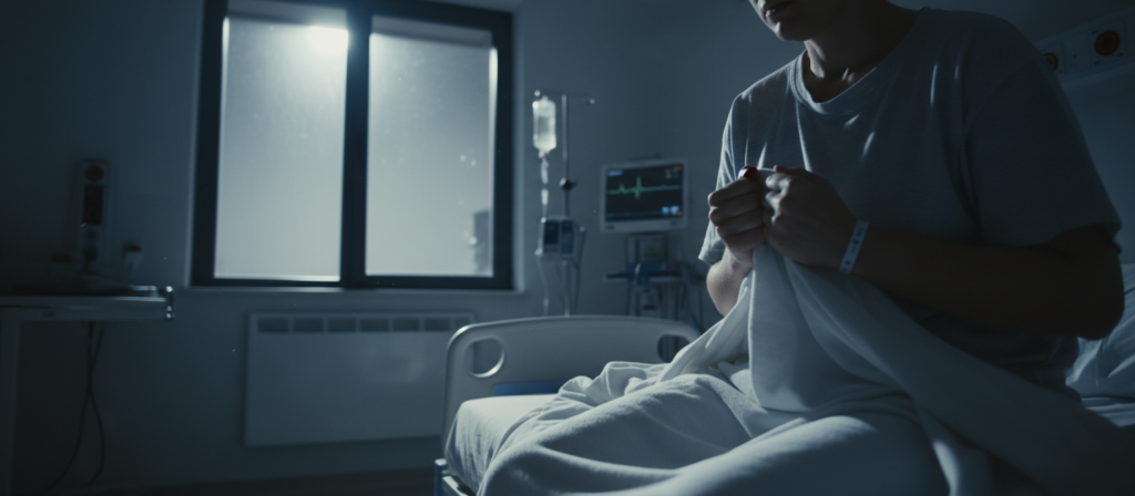 A dramatic scene representing the theme of "Cancer's Revenge" is illustrated through a patient in a sterile hospital room, sitting on a bed with a solemn expression, reflecting deep emotions of resentment and pain. In the foreground, include a close-up of hands clutching a hospital blanket tightly, symbolizing anxiety and tension. In the middle ground, show a window with dim, grey light filtering in, casting shadows that add a somber tone to the room. The background features a subtle medical equipment setup, hinting at the clinical atmosphere. The overall mood should be tense and contemplative, with an emphasis on the struggle between hope and despair, captured in a cinematic angle to convey depth and emotion.