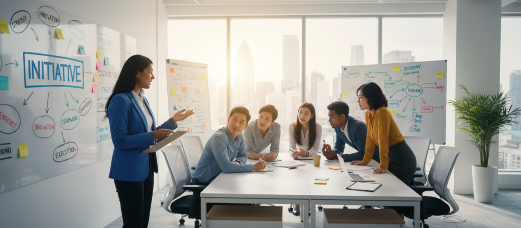 A dynamic and inspiring scene capturing the essence of initiative, featuring a group of diverse individuals collaborating in a bright, modern office space. In the foreground, a confident woman with a clipboard, dressed in professional attire, is energetically presenting her ideas to her colleagues. The middle ground shows a diverse team engaged in discussion, with expressions of enthusiasm and engagement, surrounded by whiteboards filled with colorful diagrams and notes. In the background, large windows allow natural sunlight to flood the space, creating a warm and inviting atmosphere. The overall mood is one of positivity and motivation, emphasizing teamwork and innovative thinking. The lighting is bright and uplifting, with a focus on collaboration and creativity in a contemporary environment.