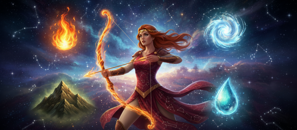 A dynamic and vibrant representation of the zodiac signs associated with drama, focusing on Sagittarius. In the foreground, a fiery Sagittarius archer with a determined expression, wearing a modern yet elegant outfit. Surrounding them, the four elemental symbols: a flame for fire, a cloud for air, a droplet for water, and a mountain for earth, each glowing with their respective colors. In the middle ground, a swirling cosmic background filled with stars and constellations, creating a sense of depth and enchantment. Soft light emanates from the points of the elements, casting an ethereal glow on the Sagittarius archer. The overall atmosphere is intense and dramatic, capturing the essence of the drama associated with the zodiac signs, emphasizing the contrasting elements.