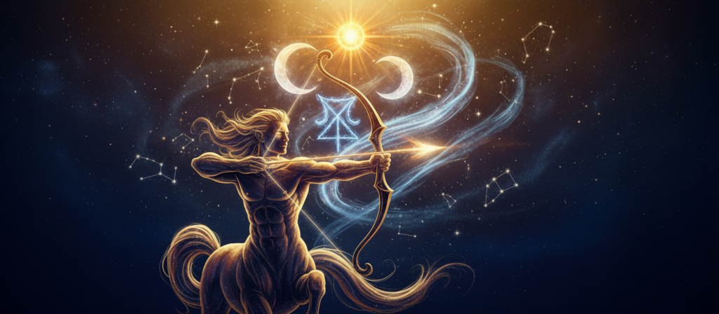 A dynamic astrological representation of Sagittarius energy, highlighting the interplay of the Sun, Moon, and Ascendant. In the foreground, depict a stylized archer symbolizing Sagittarius, aiming confidently at a cosmic backdrop. In the middle, include celestial elements such as shining stars and vibrant constellations, with flowing celestial energy connecting them. The background should feature a deep cosmic expanse that transitions from deep blue to shimmering gold, evoking mystery and enlightenment. Soft, ethereal lighting emanates from the stars, casting a warm glow on the archer. Use a wide-angle lens perspective to emphasize the vastness of the universe. The mood should be uplifting and introspective, capturing the essence of astrological exploration.