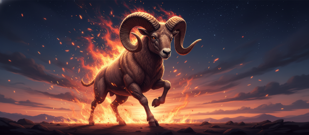 A dynamic representation of Aries, the first zodiac sign, depicted as a powerful ram charging forward with determination. In the foreground, the ram showcases its impressive horns, exuding an aura of bravery and strength. The middle ground features fiery elements, like flickering flames and sparks, symbolizing Aries' intense energy and passion. In the background, a starry night sky transitions into dawn, evoking a sense of renewal and fresh beginnings associated with this sign. The lighting is dramatic, with warm hues illuminating the ram and casting bold shadows, creating a sense of urgency and intensity. The overall atmosphere is fierce and compelling, embodying the raw power of Aries as a metaphor for transformation and potential. A dynamic representation of Aries, the first zodiac sign, depicted as a powerful ram charging forward with determination. In the foreground, the ram showcases its impressive horns, exuding an aura of bravery and strength. The middle ground features fiery elements, like flickering flames and sparks, symbolizing Aries' intense energy and passion. In the background, a starry night sky transitions into dawn, evoking a sense of renewal and fresh beginnings associated with this sign. The lighting is dramatic, with warm hues illuminating the ram and casting bold shadows, creating a sense of urgency and intensity. The overall atmosphere is fierce and compelling, embodying the raw power of Aries as a metaphor for transformation and potential.