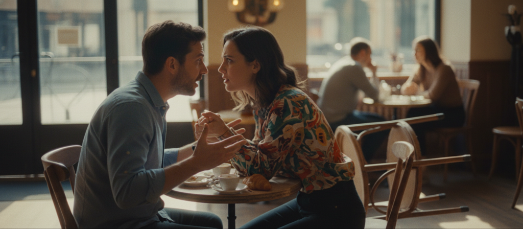 A dynamic scene capturing the impulsive nature of Aries in love. In the foreground, two individuals, a man and a woman, are depicted in a heated yet passionate discussion, their expressions intense and vibrant. The man, wearing a smart casual shirt, gestures animatedly, while the woman, in a stylish blouse, looks both frustrated and intrigued. In the middle ground, a small table is overturned, with items scattered around, illustrating the chaos of their emotions. The background shows a softly lit café with warm hues, enhancing the tension of the moment. The overall atmosphere is charged and vibrant, embodying both conflict and the excitement of love. Use natural daylight as the light source, with a shallow depth of field to focus on the couple, creating an intimate and intense ambiance.