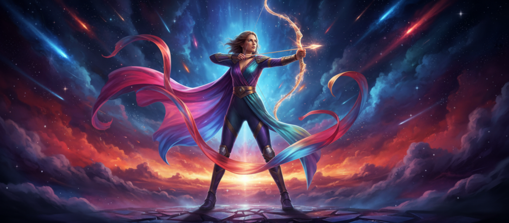 A dynamic scene depicting the intense qualities of a Sagittarius individual, set in an abstract cosmic background filled with vibrant stars and nebulae. In the foreground, a person stands confidently, their expression conveying passionate determination and an adventurous spirit. They are wearing a stylish, modern outfit, signifying their vibrant personality. The middle layer features flowing colors that symbolize emotions and intensity, blending warm tones like reds and oranges with cooler blues. Soft, ethereal lighting emanates from the cosmic background, casting a mysterious glow that hints at the duality of their character—exuberant yet profound. The overall atmosphere is dramatic and energetic, evoking a sense of depth and complexity, perfectly capturing the essence of a Sagittarius's intensity despite their claims of lightness.