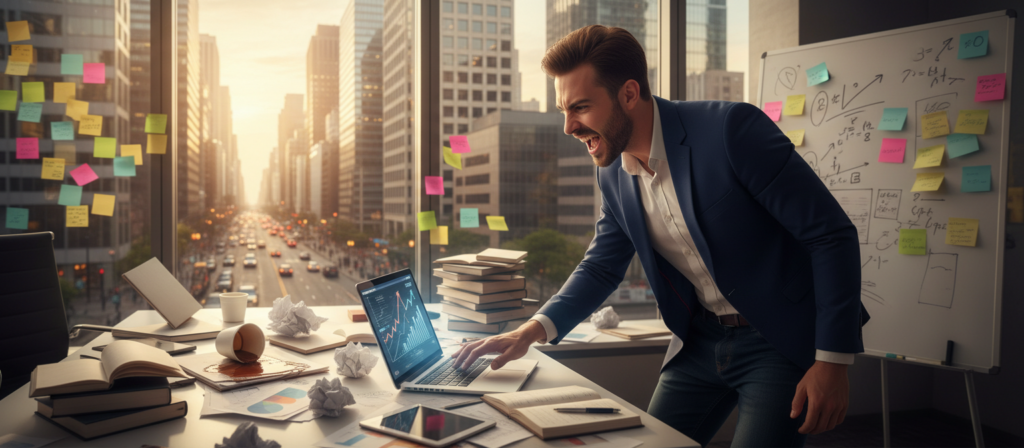 A dynamic scene illustrating the concept of "impulsivity," featuring a person in a business setting making a hasty decision at a desk. In the foreground, focus on the individual, a young adult dressed in smart casual attire, with a look of urgency and excitement on their face, surrounded by scattered papers and a laptop displaying graphs. The middle ground includes a chaotic workspace with colorful post-it notes and an overturned coffee cup, symbolizing rushed actions. In the background, a large window offers a view of a bustling cityscape, capturing a sense of vibrancy and energy, while warm natural light floods the scene. The atmosphere conveys a mix of exhilaration and tension, highlighting the repercussions of impulsive decisions on work and stability.