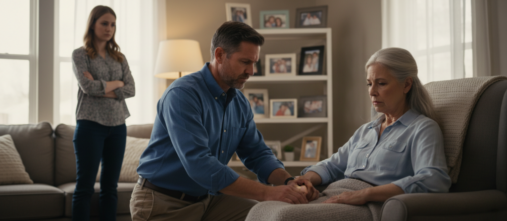A family scene depicting caregivers in a home environment, focusing on an adult child attending to an elderly parent seated in a cozy living room. The caregiver, a middle-aged man in professional casual attire, displays a subtle expression of tension while helping the parent, an elderly woman with a thoughtful gaze. Nearby, a younger sister, dressed in modest clothing, watches with concern, reflecting the complexity of their roles. The background shows family photos on the walls, hinting at shared memories. Soft, warm lighting creates an intimate atmosphere, highlighting the emotional undertone of the interaction. A shallow depth of field emphasizes the people in the foreground, while the soft furnishings suggest a safe yet complex familial bond. The overall mood is a bittersweet mix of care and underlying tension.