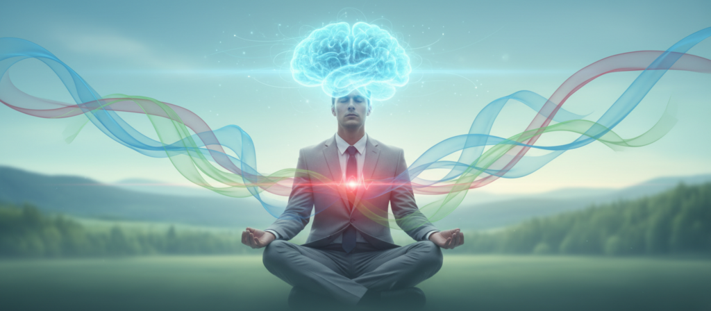 A harmonious and vibrant representation of "mind, heart, and body" in a balanced, abstract style. In the foreground, a serene figure in professional business attire meditates peacefully, with the mind represented by glowing blue energy swirling above, symbolizing intellect and thought. The heart, depicted as a warm, pulsating red light, radiates from the chest area, signifying emotions and passion. The body is surrounded by a calm, green aura representing health and vitality. The middle ground features soft, flowing shapes and colors in harmony, harmoniously blending the three elements. In the background, a dreamy landscape bathed in soft, ethereal light with gentle gradients of blues and greens. The atmosphere is tranquil and uplifting, evoking a sense of balance and awareness. Use a soft focus lens effect to create a dreamy ambiance that enhances the overall interconnectedness of the elements.