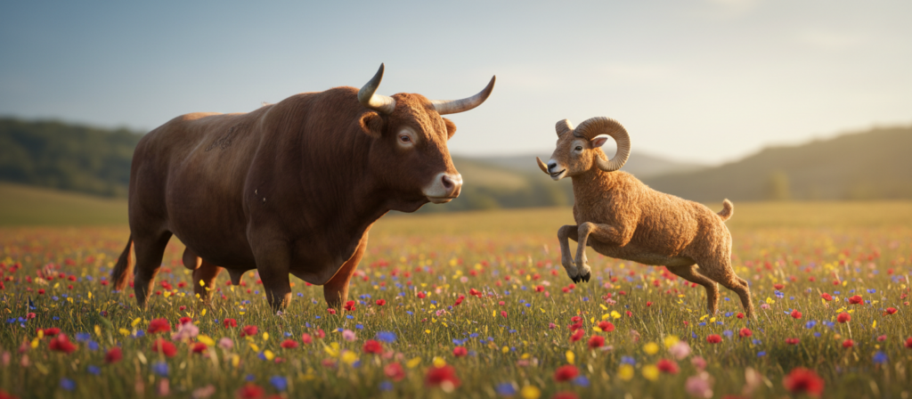 A harmonious scene depicting the compatibility of Taurus and Aries, featuring a Taurus bull and an Aries ram in a lush, sunlit meadow. In the foreground, the Taurus bull stands confidently, strong and grounded, while the Aries ram leaps playfully nearby, radiating energy and dynamism. Their expressions should reflect a sense of bond and understanding, emphasizing their contrasting yet complementary natures. In the middle ground, a vibrant tapestry of wildflowers sways gently, symbolizing love and connection. In the background, gentle rolling hills under a clear blue sky, with soft sunlight filtering through, create a warm and inviting atmosphere. The mood should exude positivity, balance, and unity, captured in a soft focus to enhance a dreamy, romantic feel. Natural lighting should be golden, casting gentle shadows, highlighting the beauty of the two zodiac signs.