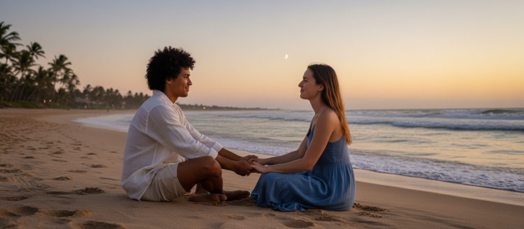 A harmonious scene depicting the concept of soulmates for the Cancer zodiac sign. In the foreground, a couple of diverse individuals share a warm and affectionate gaze, dressed in modest casual clothing, symbolizing their deep emotional connection. Their hands are gently intertwined, showcasing trust and unity. In the middle ground, a serene ocean waves softly lap against a sandy beach, reflecting shades of blue and turquoise under a golden sunset, creating a calming atmosphere. The background features lush palm trees swaying gently in the breeze, with a clear sky gradually transitioning to twilight. The overall mood is romantic and peaceful, evoking feelings of love, compatibility, and emotional harmony. The lighting is soft and warm, enhancing the intimate moment shared between the couple.