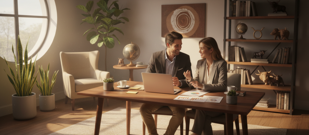 A harmonious scene depicting two friends in a professional office setting, showcasing the idea of collaboration and camaraderie within the zodiac sign Taurus. In the foreground, two individuals in smart business attire, one male and one female, are engaged in a friendly discussion over a table scattered with work documents and a laptop. The background features a cozy office environment adorned with plants and warm lighting, creating an inviting atmosphere. Sunlight streams through a large window, casting soft shadows and enhancing the sense of a productive space. Include Taurus zodiac symbols subtly integrated into the decor. The mood is uplifting and focused, encapsulating the essence of friendship and teamwork related to Taurus.